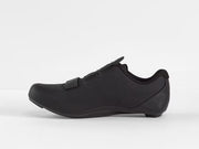 Medial side view of black Bontrager Circuit road shoe displaying smooth perforated upper construction and anchor point for the forefoot strap