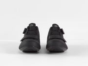 Frontal view of paired black Bontrager Circuit road shoes displaying toe box profiles, forefoot straps, and upper curvature