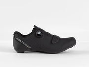 Lateral side view of black Bontrager Circuit road cycling shoe showing BOA L6 dial closure, forefoot hook-and-loop strap, ventilated synthetic and TPU upper, and Bontrager branding