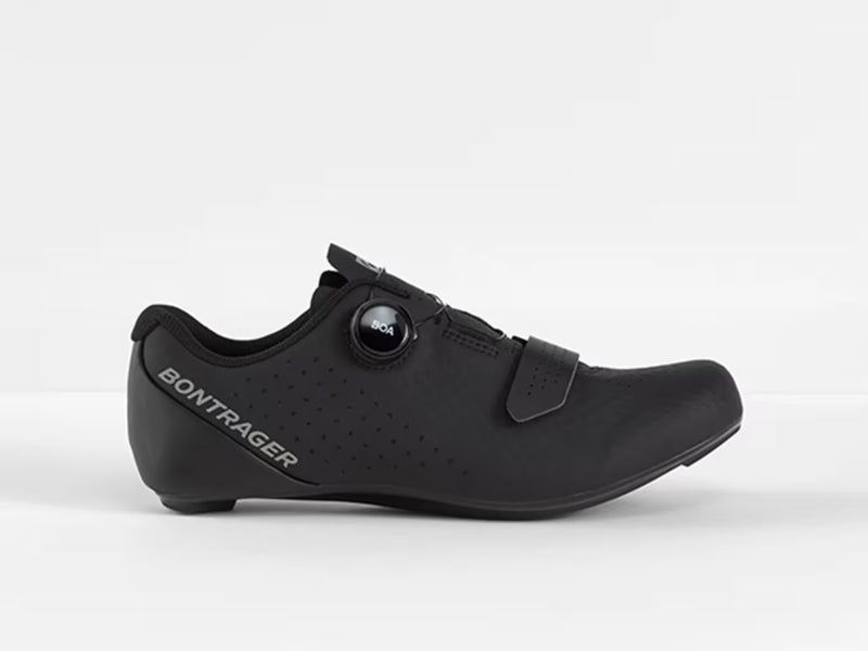 Lateral side view of black Bontrager Circuit road cycling shoe showing BOA L6 dial closure, forefoot hook-and-loop strap, ventilated synthetic and TPU upper, and Bontrager branding