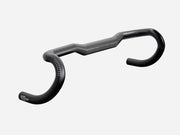 A black drop-bar bicycle handlebar with ergonomic shaping and white printed specifications on the left curve, shown against a light gray background.