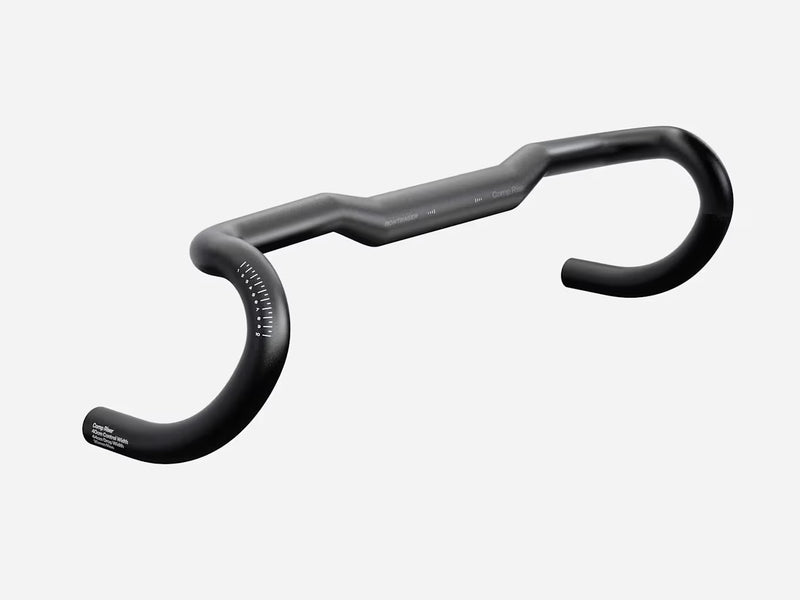 A black drop-bar bicycle handlebar with ergonomic shaping and white printed specifications on the left curve, shown against a light gray background.
