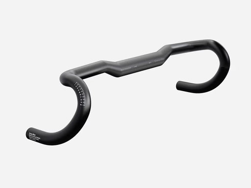 A black drop-bar bicycle handlebar with ergonomic shaping and white printed specifications on the left curve, shown against a light gray background.