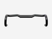 A matte black road bicycle handlebar with a flat bar design, shown against a solid light gray background.