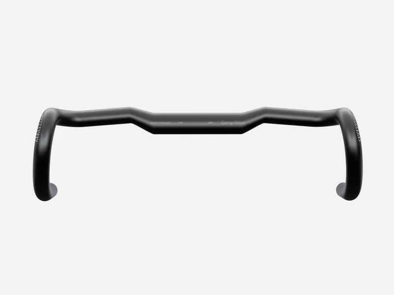 A matte black road bicycle handlebar with a flat bar design, shown against a solid light gray background.