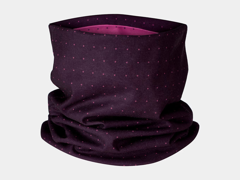 Bontrager Convertible neck gaiter in Mulberry/Radioactive Pink, burgundy side with pink dots, shown slightly folded down