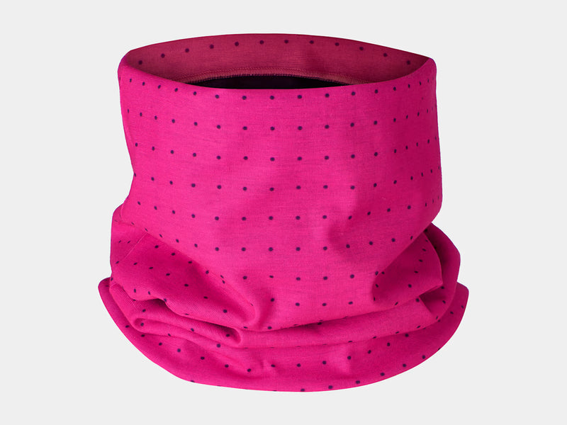 Bontrager Convertible neck gaiter in Mulberry/Radioactive Pink, reversed bright pink side with burgundy dots, shown folded down