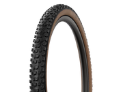 A single mountain bike tire shown upright against a plain white background, with a black knobby tread and a tan sidewall.