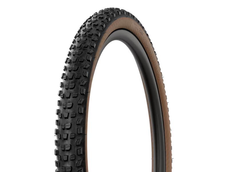 A single mountain bike tire shown upright against a plain white background, with a black knobby tread and a tan sidewall.
