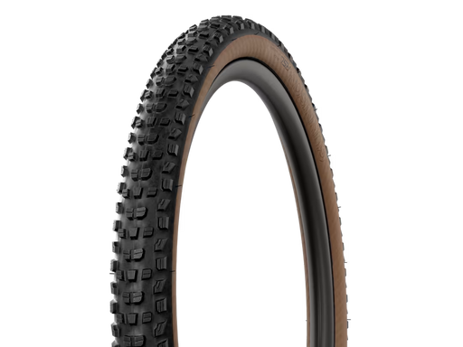 A single mountain bike tire shown upright against a plain white background, with a black knobby tread and a tan sidewall.