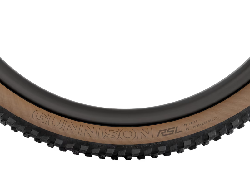 Close-up of a mountain bike tire showing the sidewall with embossed branding 'GUNNISON' and 'RSL', on a clean white background.