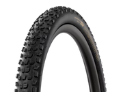 A black mountain bike tire with aggressive knobby tread, featuring gold lettering that reads 'MOSPINNING' and 'FZL' on the sidewall, shown against a solid white background.