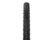 A single black mountain bike tire with a knobby tread pattern, shown vertically against a solid white background.