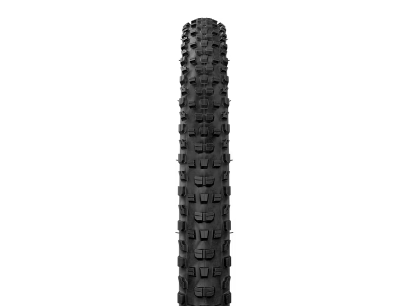 A single black mountain bike tire with a knobby tread pattern, shown vertically against a solid white background.