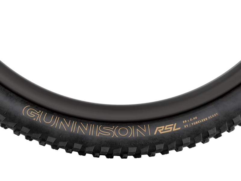 Close-up of a black bicycle tire with visible branding on a white background