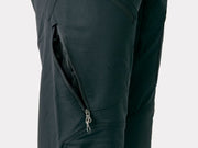 Bontrager OMW softshell pant in black, close-up of knee with zippered leg pocket and stitching