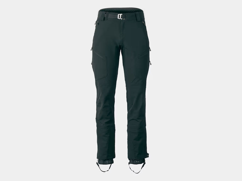 Bontrager OMW softshell pant in black, front view with zippered pockets, waist belt, and elastic leg gaiter