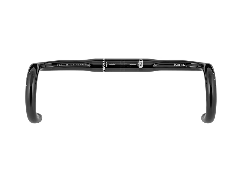 Front‑facing product image of the Bontrager Pro IsoCore VR‑CF Road Handlebar, showing the full carbon bar shape and flare against a white background.