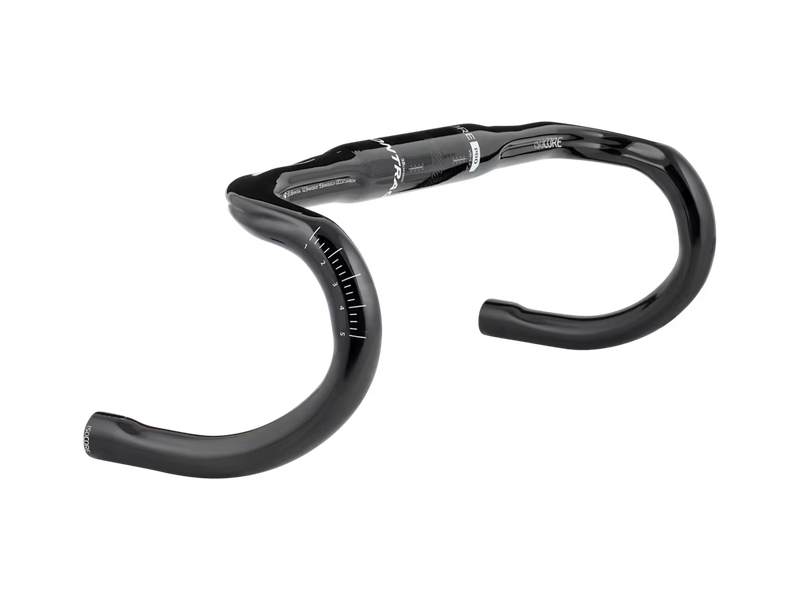 Product image of the Bontrager Pro IsoCore VR‑CF Road Handlebar shown in a 3/4 angle facing right, with its compact‑flare carbon shape visible against a white background.