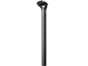 A dark gray metallic bicycle seat post with a black clamp head, shown vertically against a solid white background.