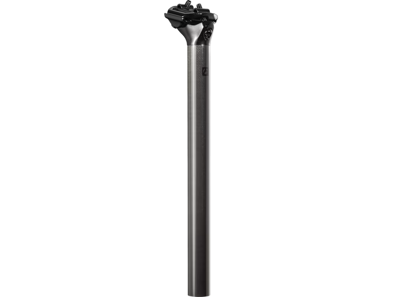 A dark gray metallic bicycle seat post with a black clamp head, shown vertically against a solid white background.