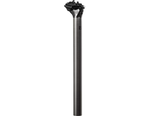 A dark gray metallic bicycle seat post with a black clamp head, shown vertically against a solid white background.