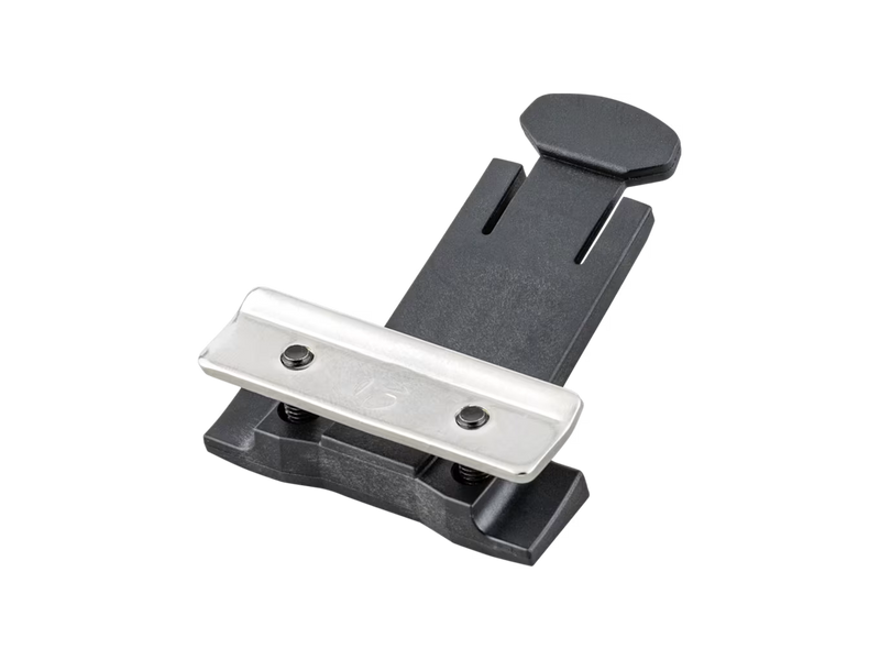 A black plastic mounting bracket with a silver metal plate secured by two screws, shown on a plain white background.