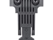 Close-up of the back of a dark gray metal firearm accessory or component with vertical slots, two circular elements at the top, and embossed patent text reading 'Patentino 5,496,089' on a white background.