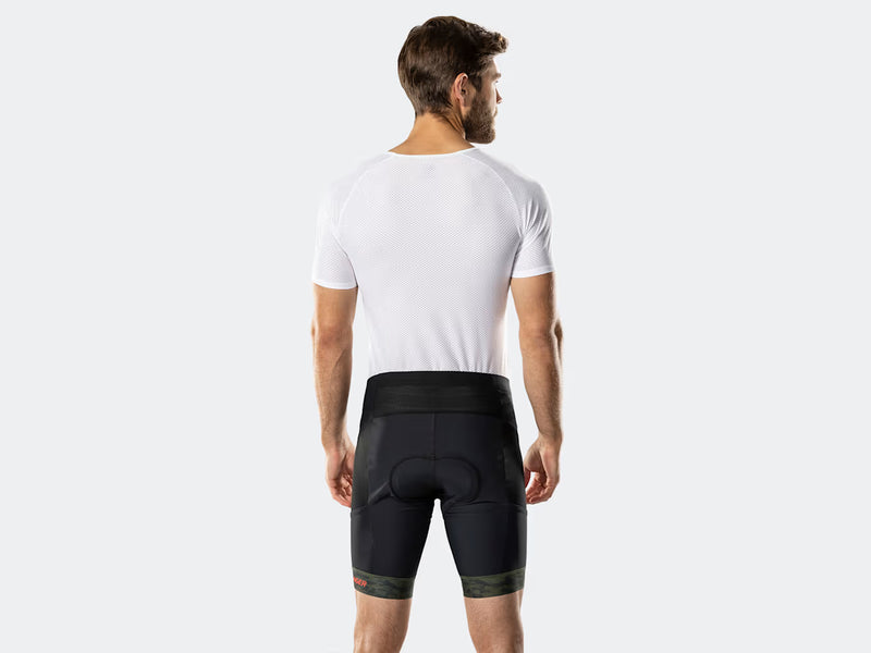 Back view of black Bontrager Troslo inForm Cycling Liner Short with green camo leg cuff and waistband and seat stitching