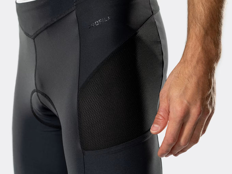 Side close-up of the black Bontrager Troslo inForm Cycling Liner Short showing the mesh vent panel and a pocket that sits flat against the body