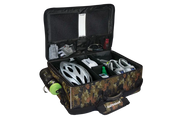 An open CAT5GEAR bicycle BAG with a camouflage pattern exterior, black interior lining, and various CYCLING items organized inside, including a white bicycle helmet, a green bottle, shoes, gloves, shown on a white background.