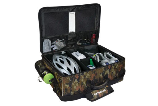 An open CAT5GEAR bicycle BAG with a camouflage pattern exterior, black interior lining, and various CYCLING items organized inside, including a white bicycle helmet, a green bottle, shoes, gloves, shown on a white background.