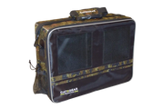 A Cat5Gear rugged transport bag with a black and brown camouflage pattern, featuring two front mesh windows and a top handle, shown on a plain white background.