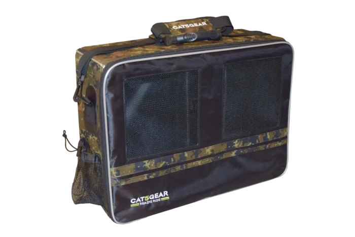 A Cat5Gear rugged transport bag with a black and brown camouflage pattern, featuring two front mesh windows and a top handle, shown on a plain white background.