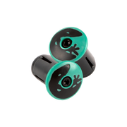 Two teal and black bicycle handlebar end-bar plugs.