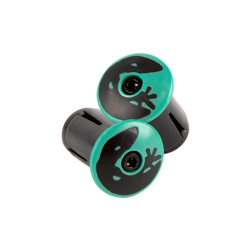 Two teal and black bicycle handlebar end-bar plugs.