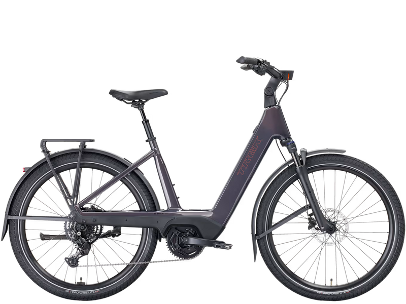 A dark gray step-through electric bicycle with a rear cargo rack, fenders, and a sleek frame, shown against a plain white background.