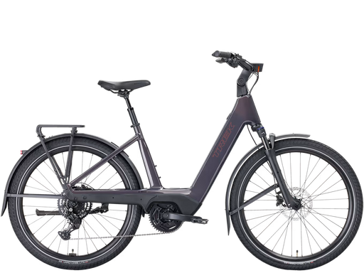 A dark gray step-through electric bicycle with a rear cargo rack, fenders, and a sleek frame, shown against a plain white background.