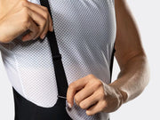 Close-up of Bontrager Circuit women's cycling bib shorts upper section, featuring lightweight elastic bib straps, breathable construction, and a comfortable women-specific fit for long-distance riding.