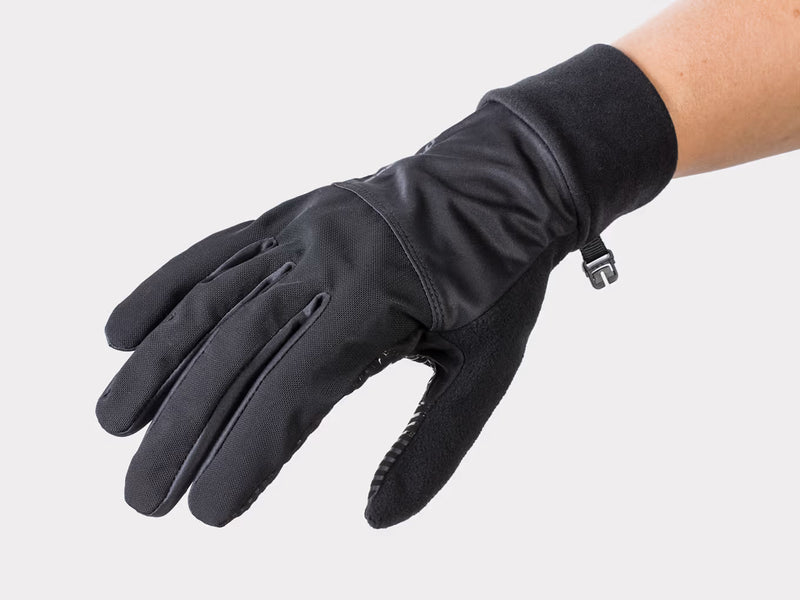 Bontrager Circuit Women's Windshell Cycling Gloves, black glove showing the Windshell backhand with textured fabric on a white background