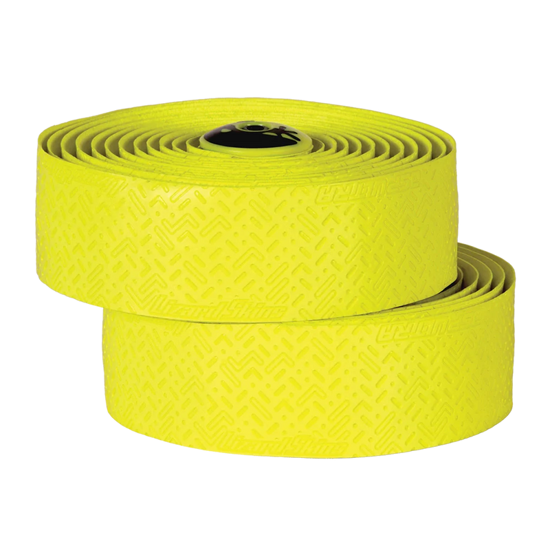 Two rolls of bright yellow bicycle handlebar grip tape with a textured chevron pattern, stacked on a white background.