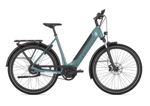 A low step electric bicycle in a muted teal frame with black components, fenders, and tires, shown from a side profile on a solid white background.
