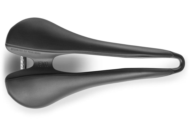 Selle SMP EVO Saddle top view showing full ergonomic cutout and embossed EVO and Designed On Your Body texture, tip facing right.