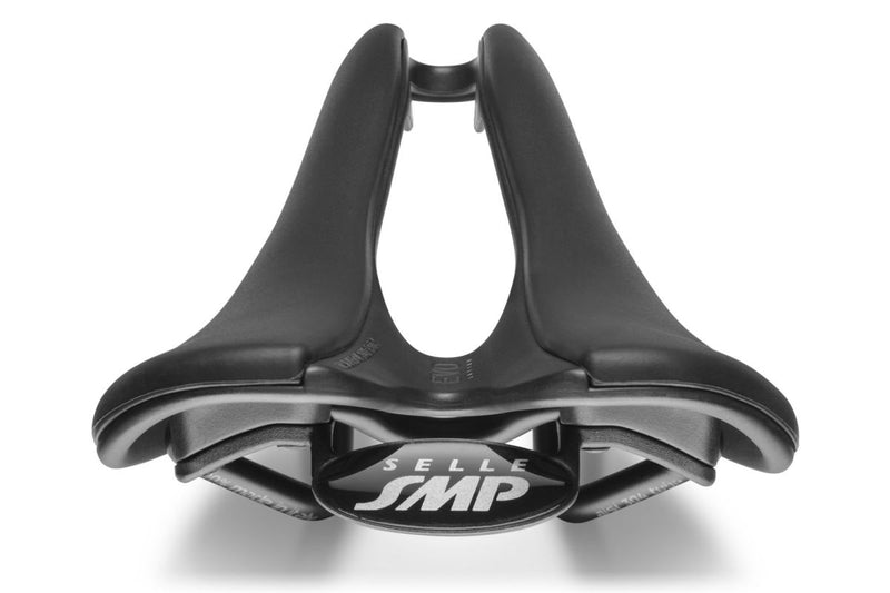 Selle SMP EVO Saddle rear view with raised tail, central relief channel, and embossed EVO texture.