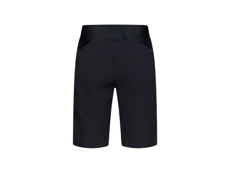 Black athletic shorts with a wide waistband and subtle perforated detailing, shown from the back on a plain white background.