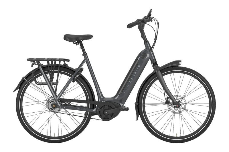 Gazelle Arroyo C5 Elite Low G3710 electric bike in Anthracite Grey, side view with handlebars facing right