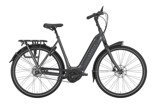 Gazelle Arroyo C5 Elite Low G3710 electric bike in Anthracite Grey, side view with handlebars facing right