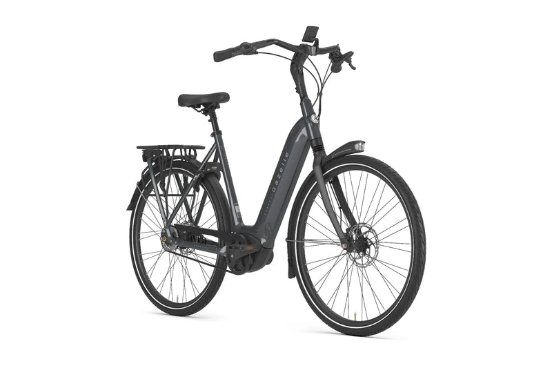 Gazelle Arroyo C5 Elite Low G3710 electric bike in Anthracite Grey, angled side view with handlebars facing right
