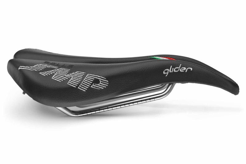 Selle SMP Glider Saddle side view with curved profile, white stitched logos, and ergonomic cutout, tip facing right.