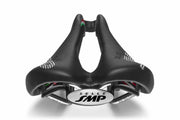 Selle SMP Glider Saddle rear view showing raised tail, white stitched logos, and full‑length relief channel.